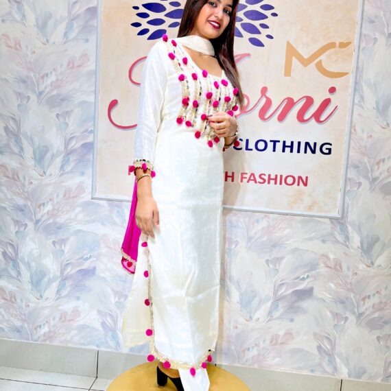Plazo Set - Off White Top & Off White Bottom With Dual Ton Dupatta