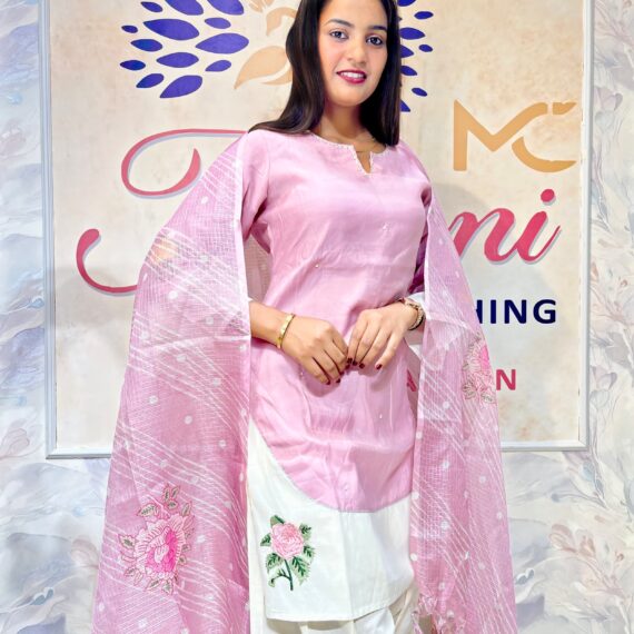 Plazo Suit - L.Pink Colour Top, Bottom White,Pink Stoll